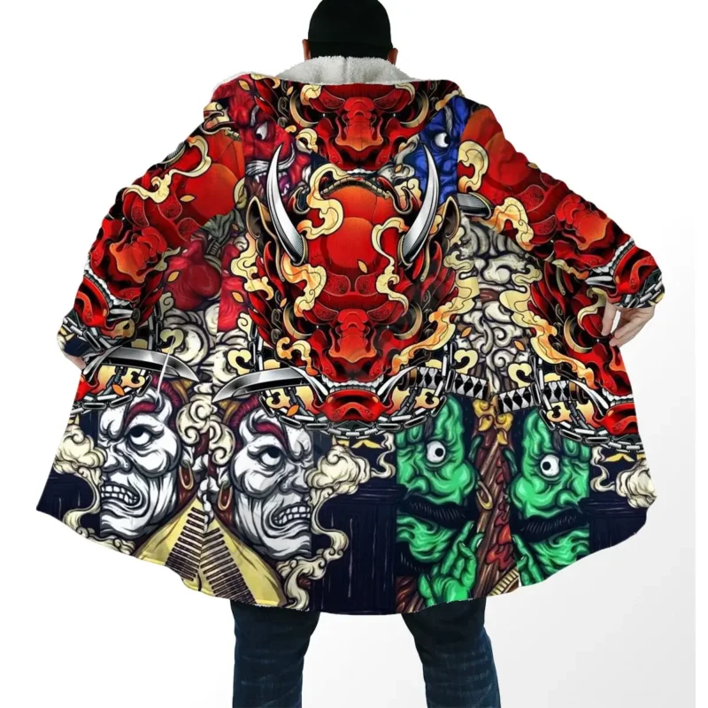Japanese Fox Print Fleece Hooded Cloak Cape Coat for Men and Women - Image 4