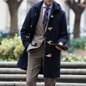 Classic Men's Wool Blend Duffle Coat with Hood and Toggle Closure