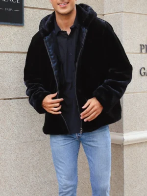 Men's Winter Plush Hooded Jacket with Zipper Front