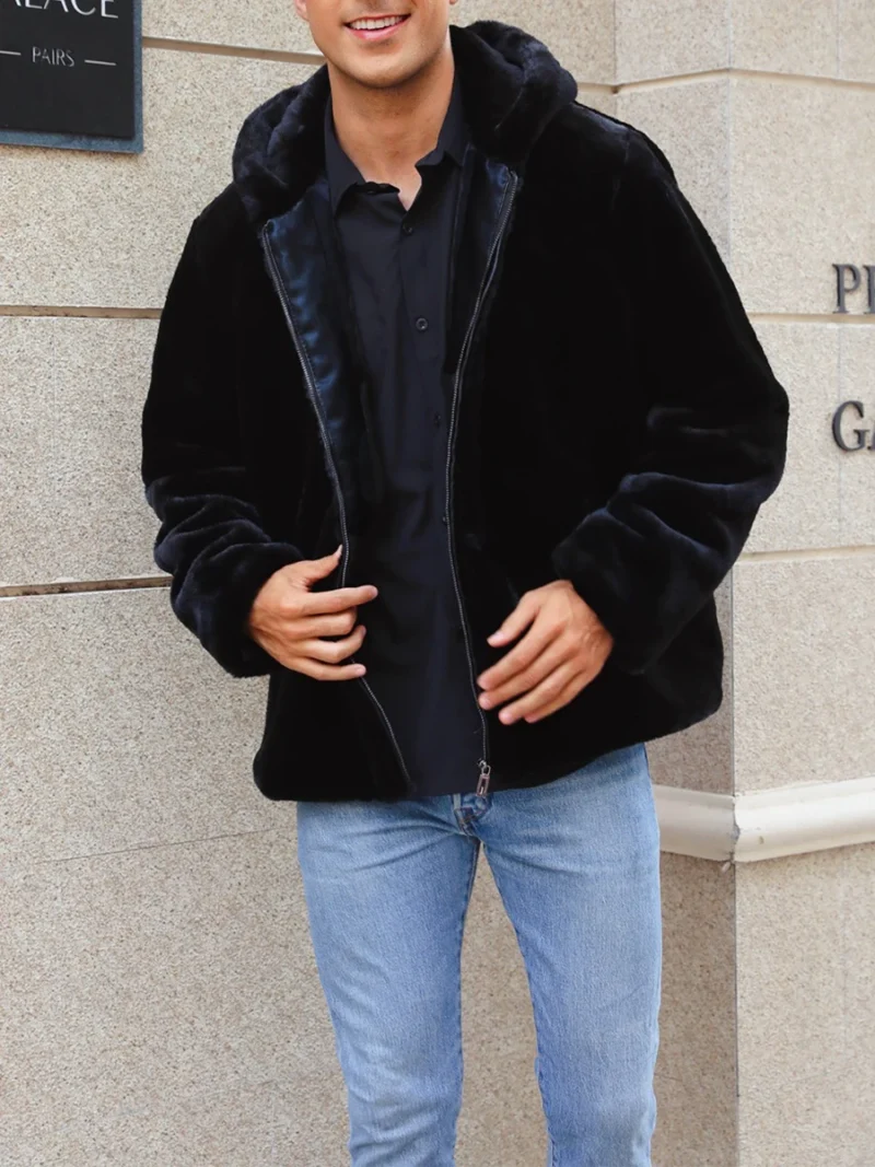 Men's Winter Plush Hooded Jacket with Zipper Front