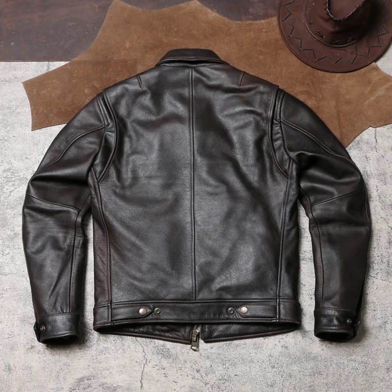 Men's Vintage Brushed Cowhide Leather Biker Jacket with Zip Closure - Image 2