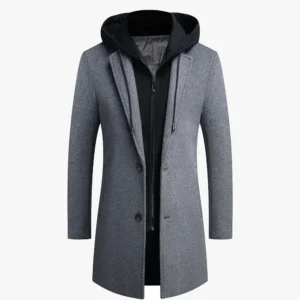 Premium Men's Wool Blend Coat with Detachable Hood Grey