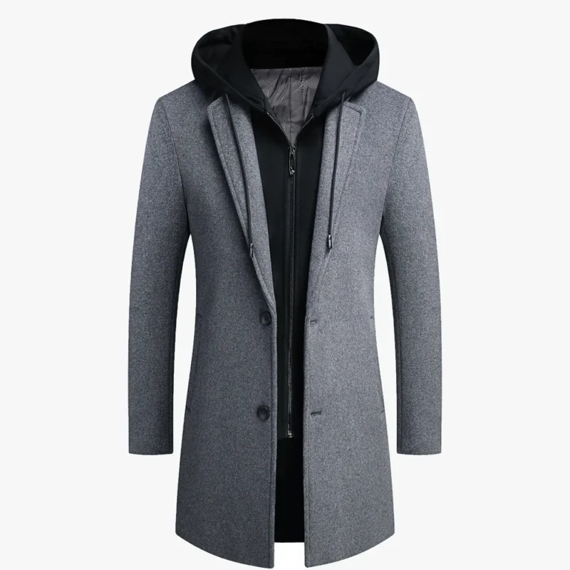 Premium Men's Wool Blend Coat with Detachable Hood Grey