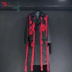 Men's Classic Turn-Down Collar Long Trench Coat with Contrast Color Detail