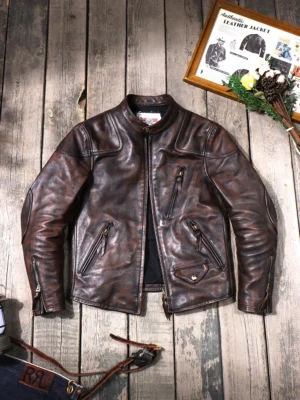 Vintage Distressed Horsehide Biker Jacket with Stand Collar for Men