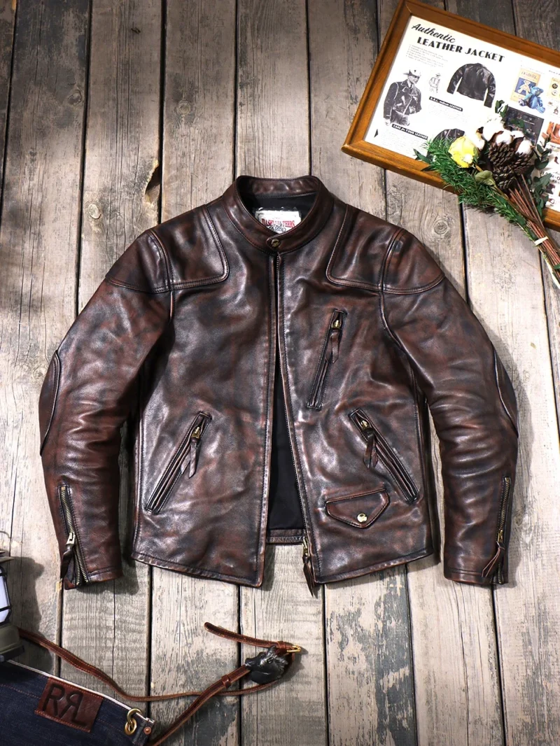 Vintage Distressed Horsehide Biker Jacket with Stand Collar for Men