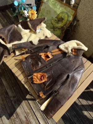 Premium Shearling Leather Bomber Jacket with Turn-down Collar for Men