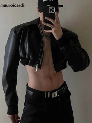 Men's Classic Cropped PU Leather Jacket with Zipper Front