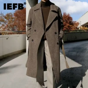 Men's Wool Double Breasted Overcoat with Belt and Turn-Down Collar