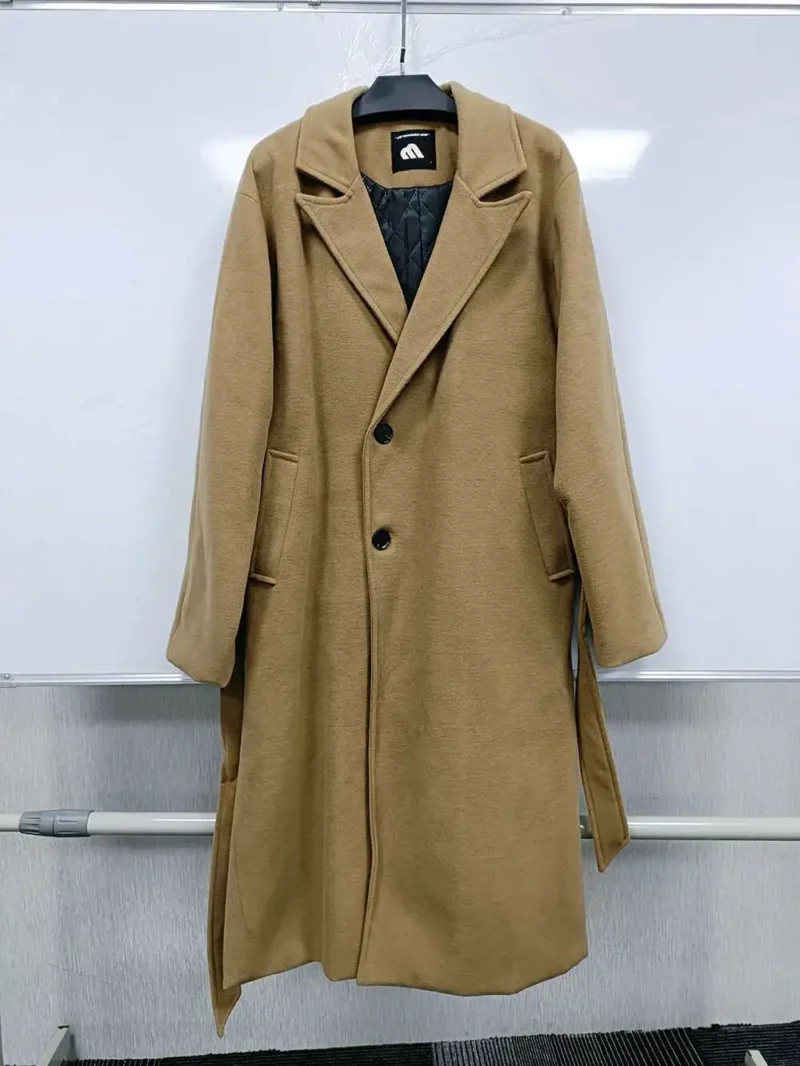 Classic Herringbone Men's Single-Breasted Wool Overcoat Long Length - Image 8