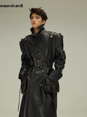 Men's Distressed Black PU Leather Trench Coat with Belt Double Breasted