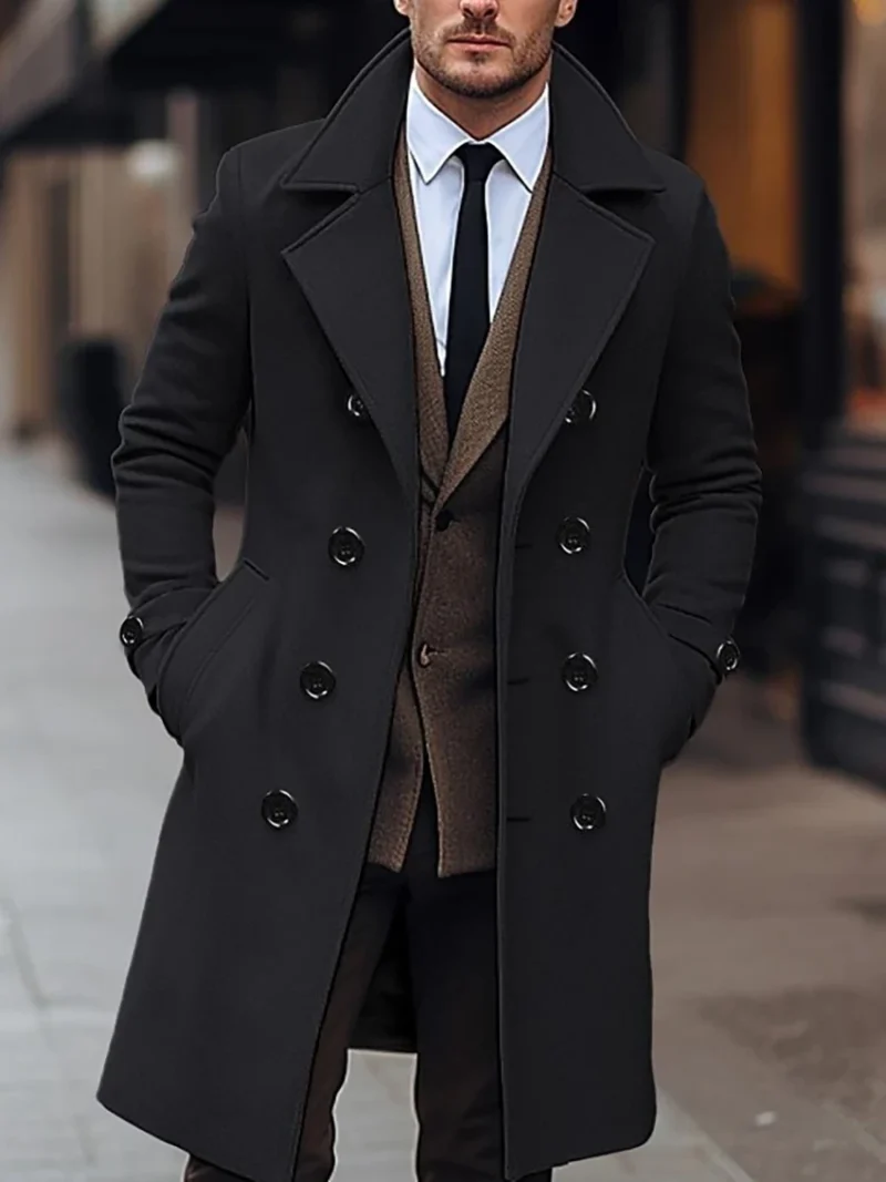 Classic Double Breasted Mid-Length Wool Blend Overcoat for Men - Image 6