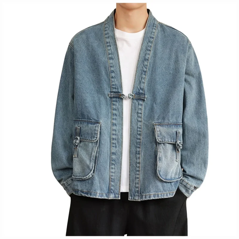 Men's Vintage Denim Jacket with Detachable Hood and Zipper Closure - Image 4