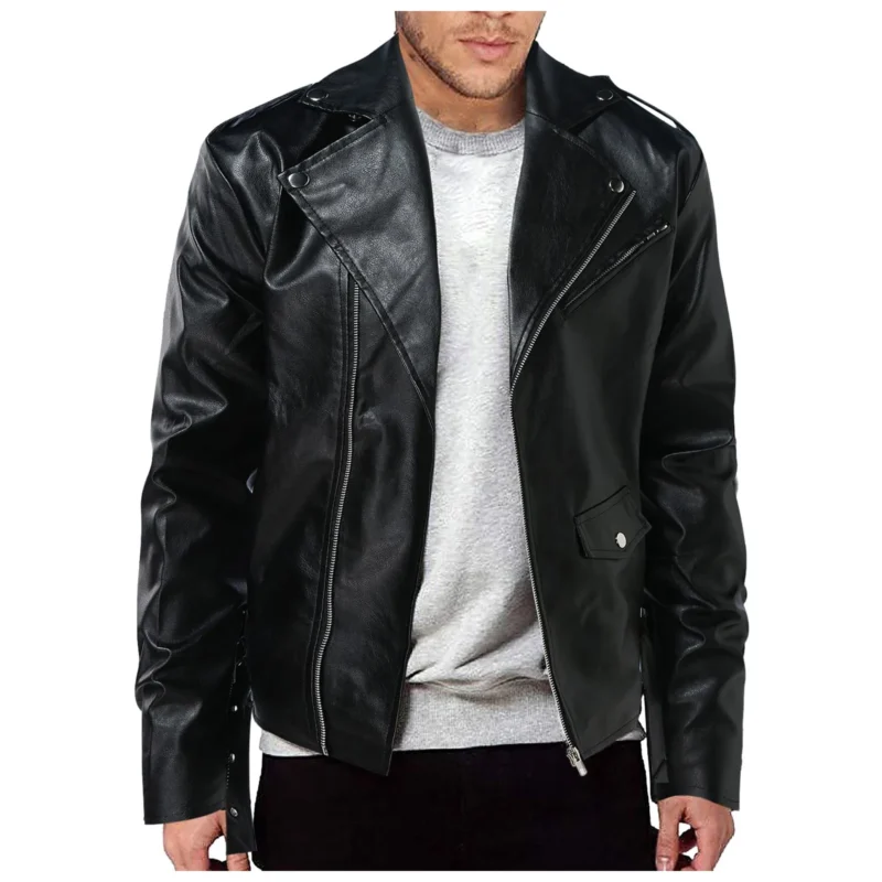 Classic PU Leather Motorcycle Jacket Slim Fit Zip-Up Coat for Men - Image 3