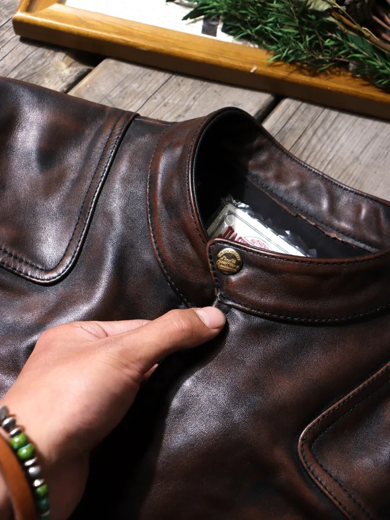 Vintage Distressed Horsehide Biker Jacket with Stand Collar for Men - Image 4