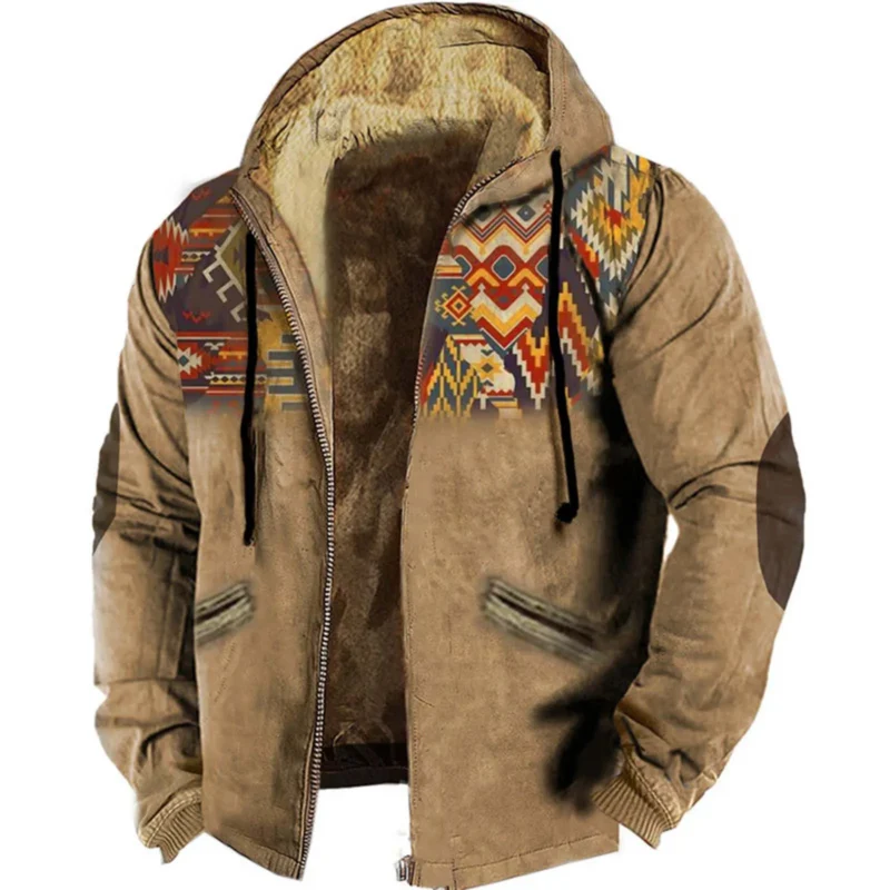 Men's Vintage Fleece Lined Hooded Bomber Jacket with Retro Print - Image 6