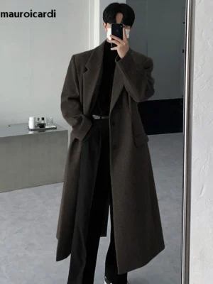 Premium Wool Blend Long Overcoat with Single Breasted Closure for Men
