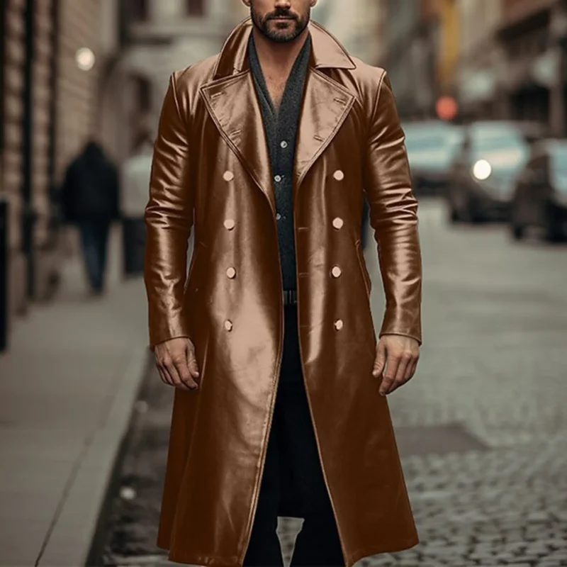 Vintage Style Faux Leather Slim Fit Zippered Trench Coat for Men - Image 2
