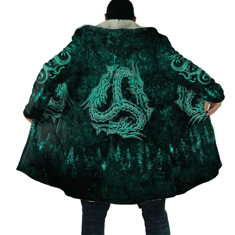 Men's Gothic Hooded Cloak with Medieval Tattoo Print Fleece Overcoat - Image 10