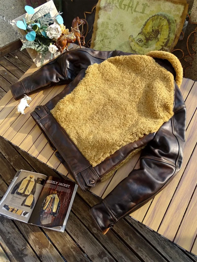 Premium Shearling Horsehide Vintage Grizzly Leather Jacket for Men - Image 2