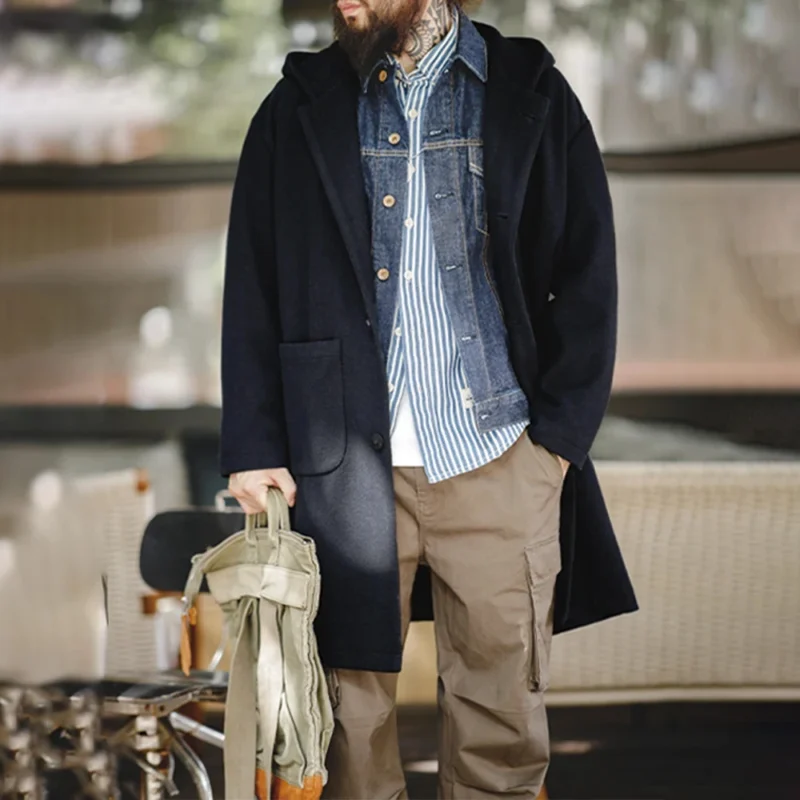 Men's Navy Blue Wool Hooded Overcoat with Single-Breasted Closure - Image 2