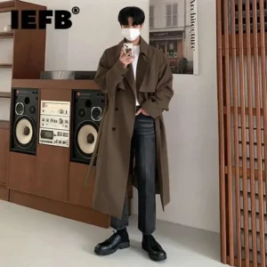 Men's Double-Breasted Polyester Trench Coat with Belt