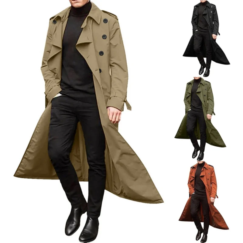 Classic Men's Double Breasted Trench Coat Extra Long Spring Autumn Windbreaker - Image 2