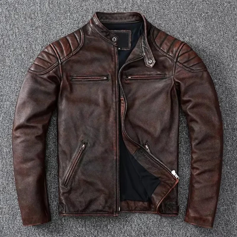 Premium Cowhide Motorcycle Leather Jacket with Stand Collar for Men - Image 6