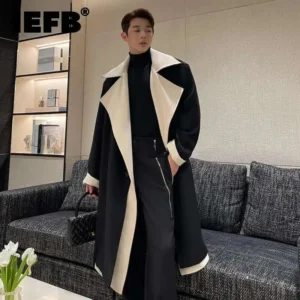 Men's Contrast Color Double Breasted Trench Coat with Oversized Collar
