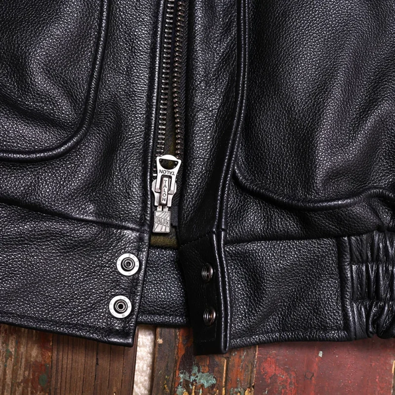 Men's Vintage Style Cowhide Leather Jacket with Turn-down Collar - Image 6