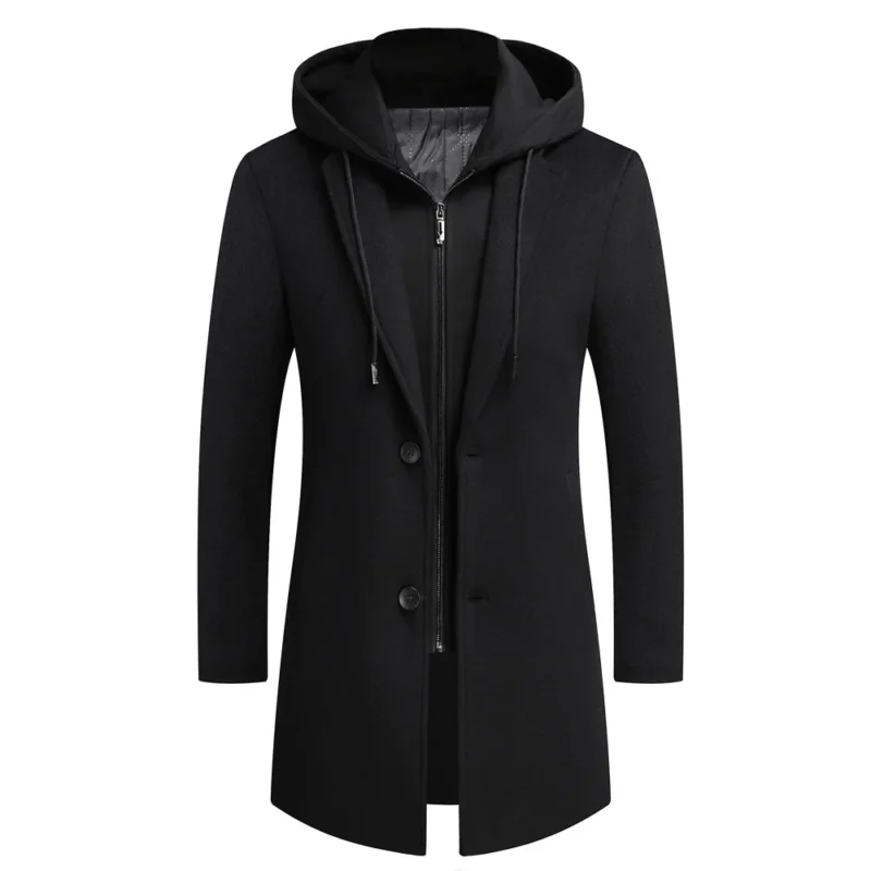 Premium Men's Wool Blend Coat with Detachable Hood Grey - Image 2