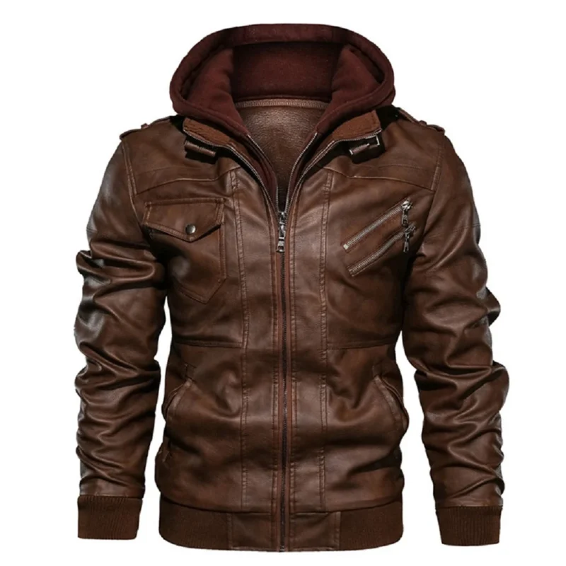 Men's Premium PU Leather Motorcycle Jacket with Detachable Hood - Image 3