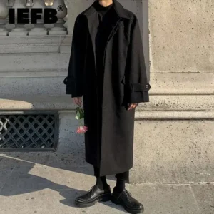 Classic Herringbone Wool Blend Long Overcoat for Men