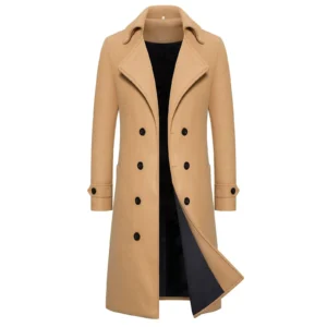 Classic Double-Breasted Wool Blend Long Coat for Men