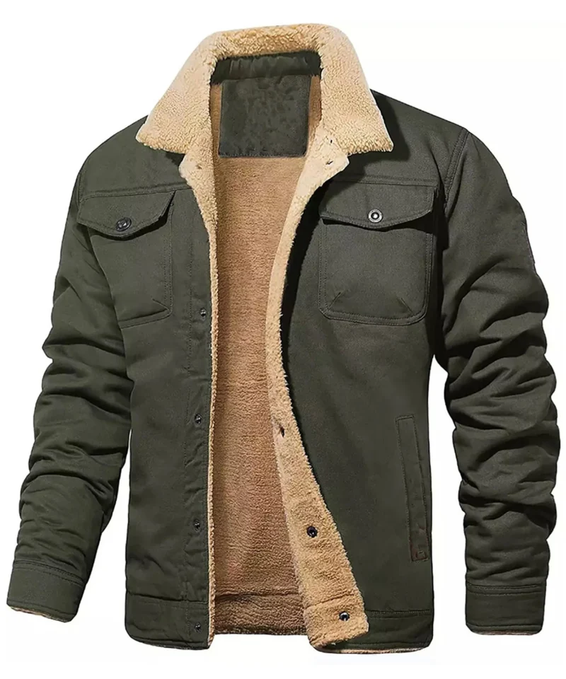 Men's Winter Shearling Lined Coat with Button Front and Turn-down Collar - Image 8