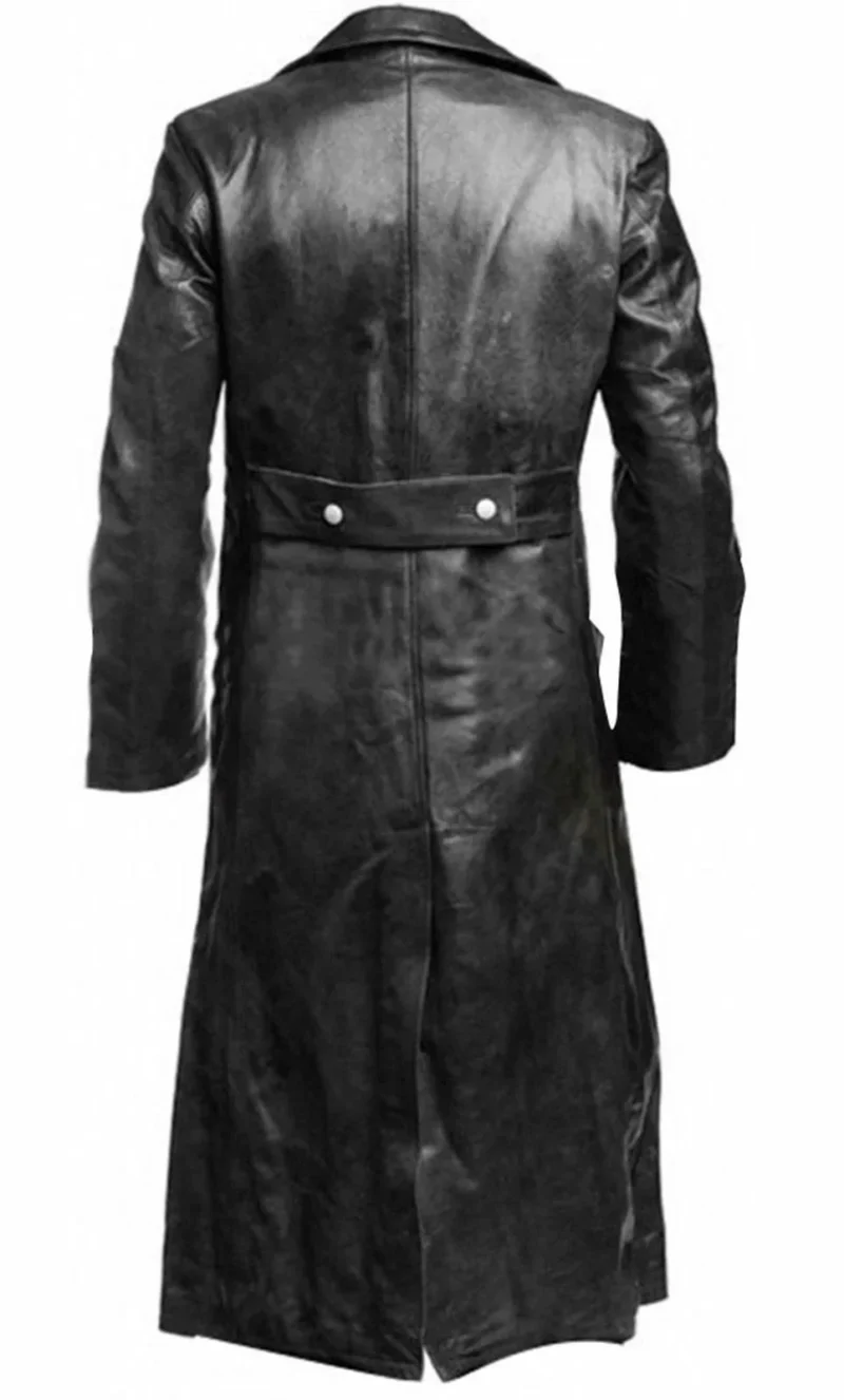 Classic Military Officer Leather Trench Coat in Black for Men - Image 3