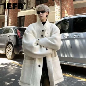 Men's Modern Stand Collar Wool Blend Overcoat with Large Pockets