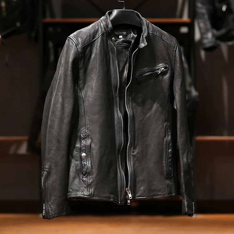 Slim fit leather jacket styled casually with jeans for men