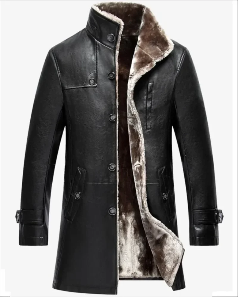 Premium Sheepskin Leather Long Parka with Fur Collar for Men - Image 6