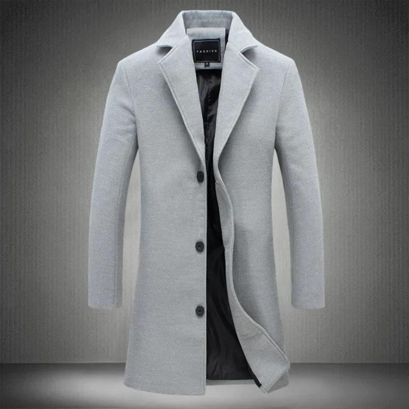 Men's Classic Wool Mid-Length Coat with Turn-Down Collar