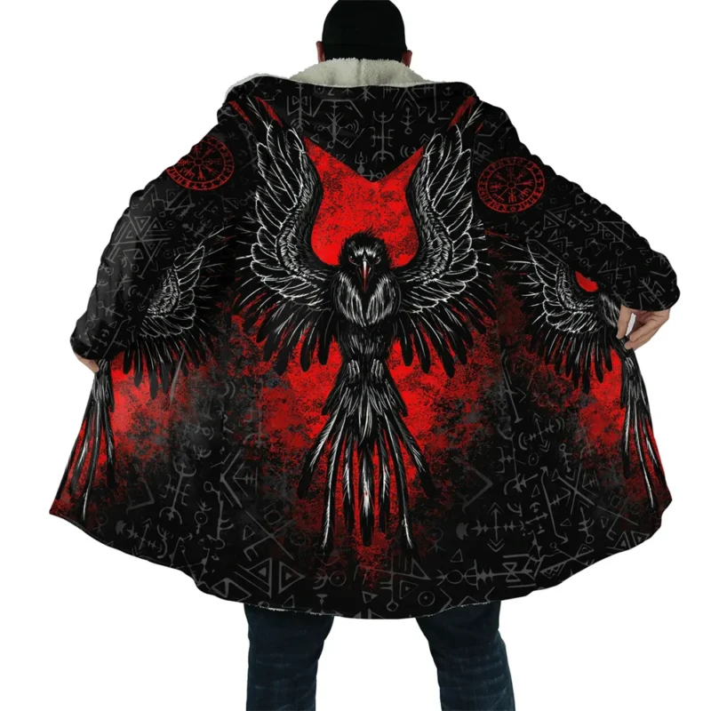 Men's Gothic Hooded Cloak with Medieval Tattoo Print Fleece Overcoat - Image 14