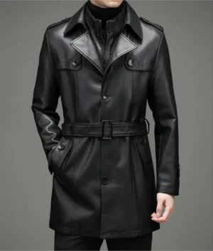 Premium Sheepskin Leather Trench Coat with Turn-Down Collar for Men