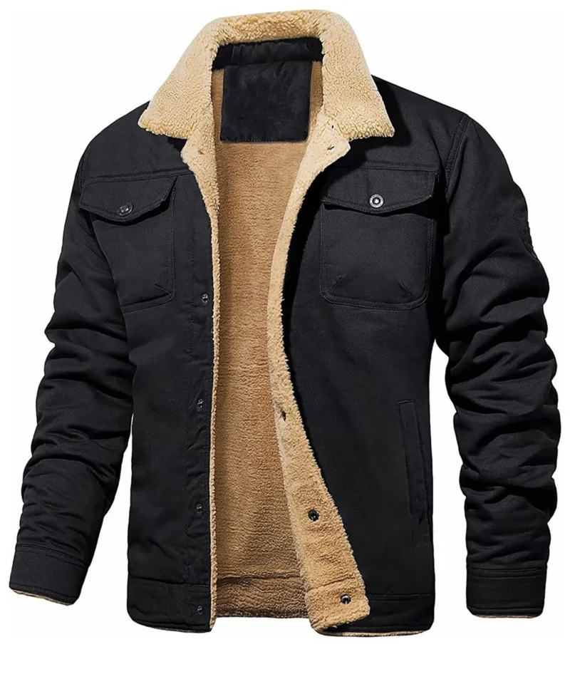 Men's Winter Shearling Lined Coat with Button Front and Turn-down Collar - Image 11