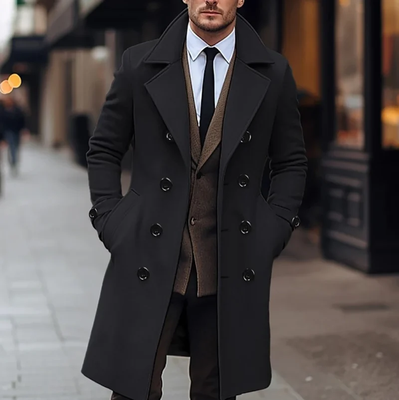 Classic Double Breasted Mid-Length Wool Blend Overcoat for Men - Image 7
