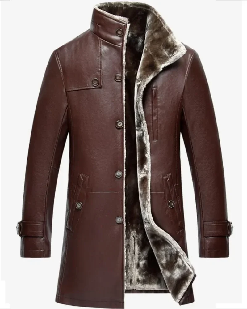 Premium Sheepskin Leather Long Parka with Fur Collar for Men - Image 3