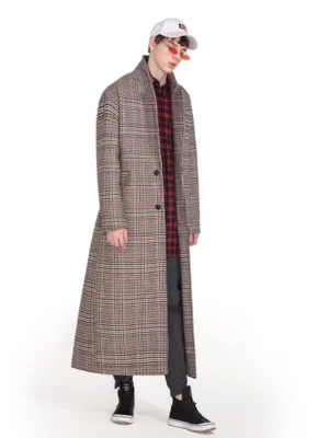 Men's Classic Plaid Wool Blend Overcoat with Button Collar