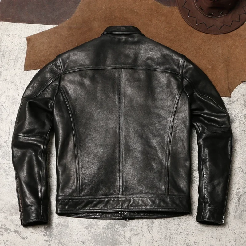 Vintage Motorcycle Leather Jacket Cowhide Slim Fit Casual Coat for Men - Image 2