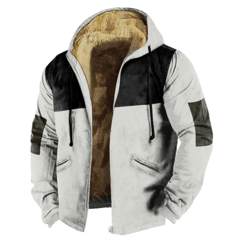 Men's Fleece-Lined Winter Hooded Jacket with Zip Closure and Color Block Design - Image 3