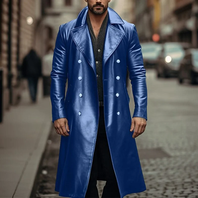 Vintage Style Faux Leather Slim Fit Zippered Trench Coat for Men - Image 3