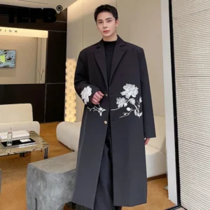 Men's Chinese Embroidery Long Trench Coat with Floral Pattern